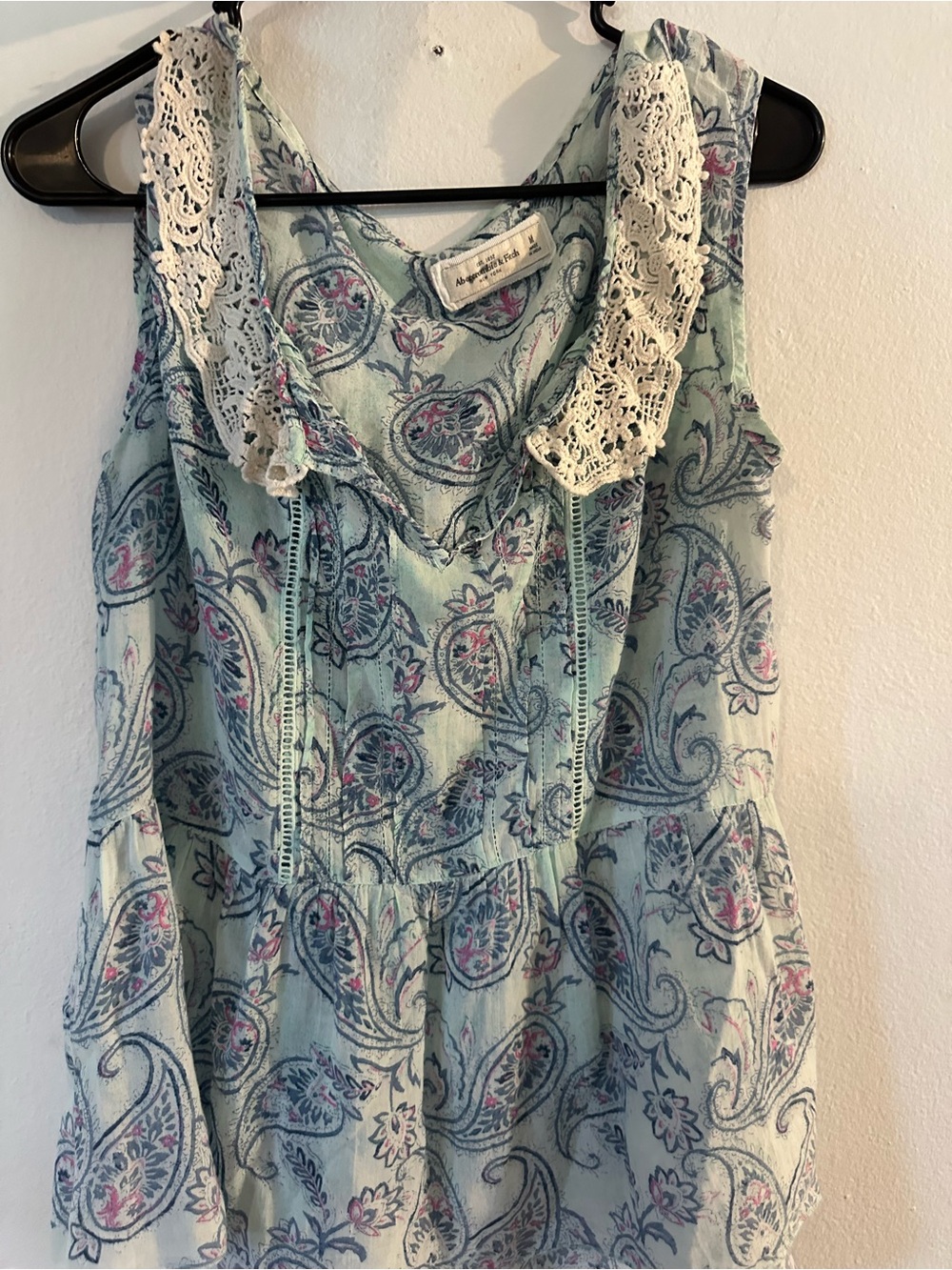 Abercrombie & fitch Boho Lace-Trim Paisley Tank Top - Light Aqua medium